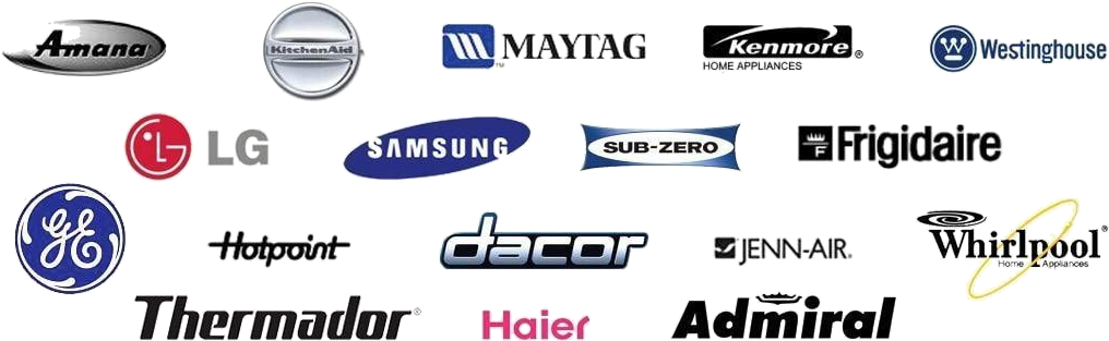 Logos des principales marques d'appareils électroménagers que nous réparons : Samsung, LG, Whirlpool, Bosch, Electrolux, GE (General Electric), Frigidaire, KitchenAid, Maytag, Panasonic, Sharp, Siemens, Miele, Haier, Amana, Hisense, Toshiba, Kenmore, Philips, Daewoo.